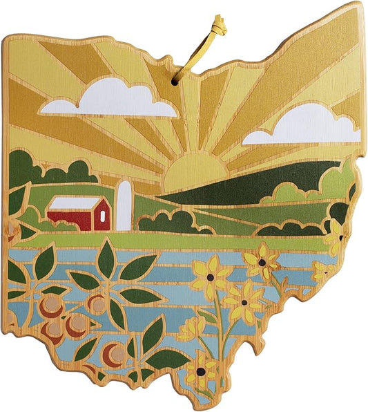 Totally Bamboo Ohio State Shaped Cutting Board and Charcuterie Serving Platter with Artwork by Summer Stokes, Includes Hang Tie for Wall Display Varies