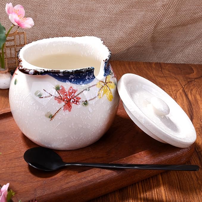 Japanese Red Flower Ceramic Sugar Jar & Spice Container with Lid & Stainless Steel Spoon Set – Kitchen Storage, Elegant Floral Design, Sustainable Gift (Zen-Inspired Tableware)