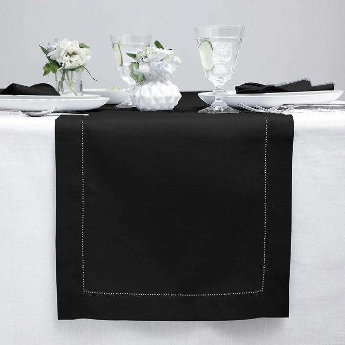Solino Home Linen Black Table Runner 156 Inches Long - 100% Pure Linen Extra Long Table Runner 14 x 156 Inch for Spring, Easter - Classic Hemstitch