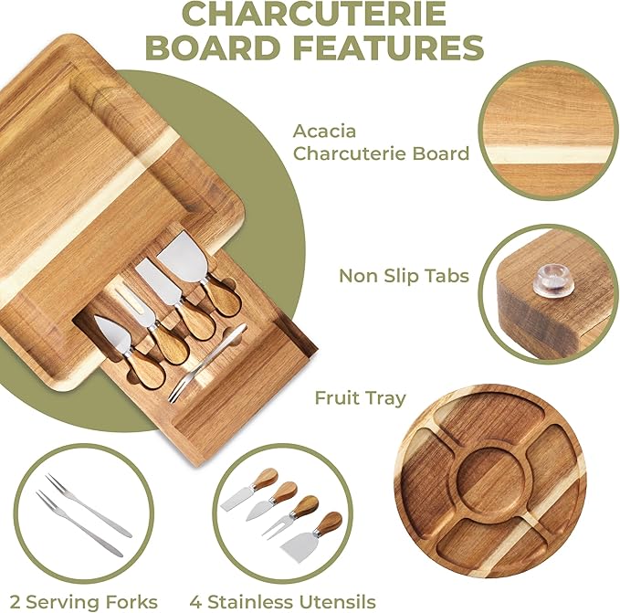 OOZi Charcuterie Board Set – Stainless Cheese Knives & Fruit Tray Included, Ideal for Birthday, Wine Nights, Housewarming & Christmas Gifts