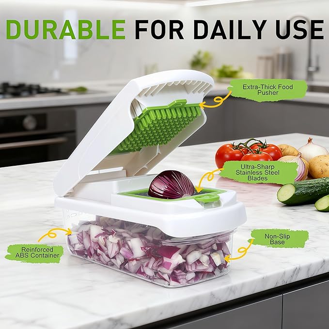 Multifunctional Mandoline Slicer with 7 Blades, Vegetable Chopper Food Cutter with Container, Onion Dicer Potato Grater Salad Prep Tool, Stainless Steel Kitchen Gadgets for Veggie Fruit (White)