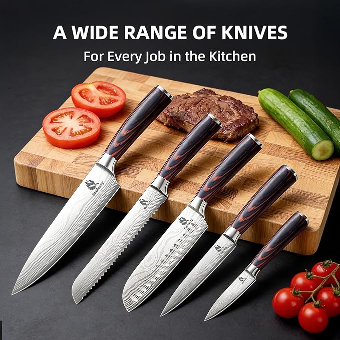 Kitchen Knife Set, Chef Knife, Utility Knife & Paring Knife for Precise Cutting, High Carbon Stainless Steel Professional Chef Knife Set with Wooden Handle, Ultra Sharp Blade (5-Piece)
