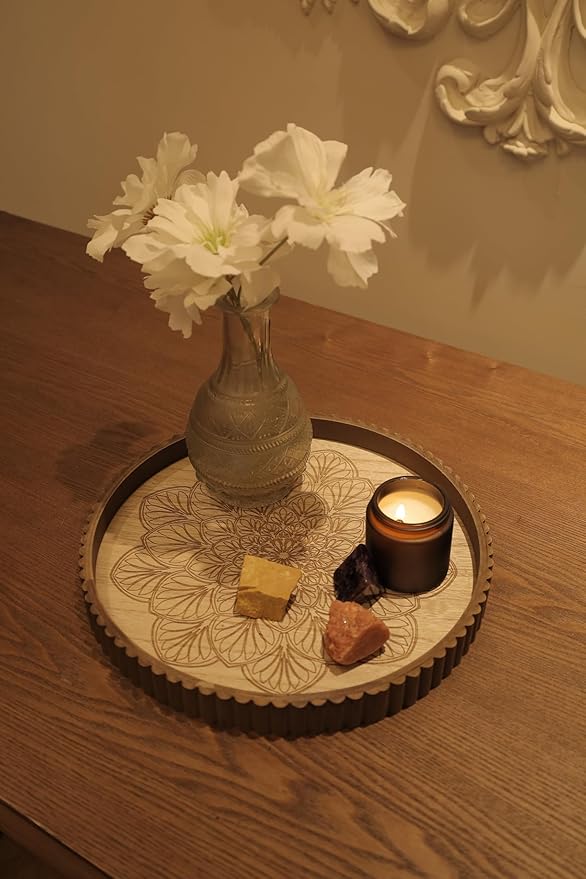 EspoirLuvRound Decorative Tray Set of 2 – Wooden Coffee Table Trays, Rustic Boho Decor Accents for Ottoman, Living Room, and Entryway