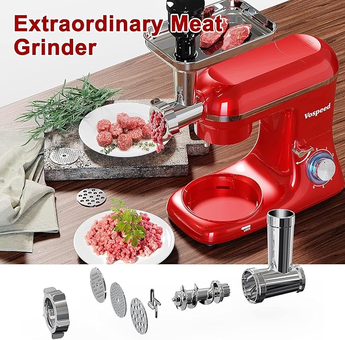 Stand Mixer 9 IN 1, 850W Tilt-Head Multifunctional Electric Mixer with 8 QT Stainless Steel Bowl, 1.5L Glass Jar, Meat Grinder, Hook, Whisk, Beater Dishwasher Safe (Red)