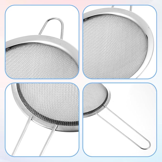 4 Pcs Stainless Steel Fine Mesh Strainer 4 Sizes Small Sieves with Handles Versatile Kitchen Strainer for Steeping Loose Leaf Tea Straining Cocktail Juice and Sifting Flour Sugar