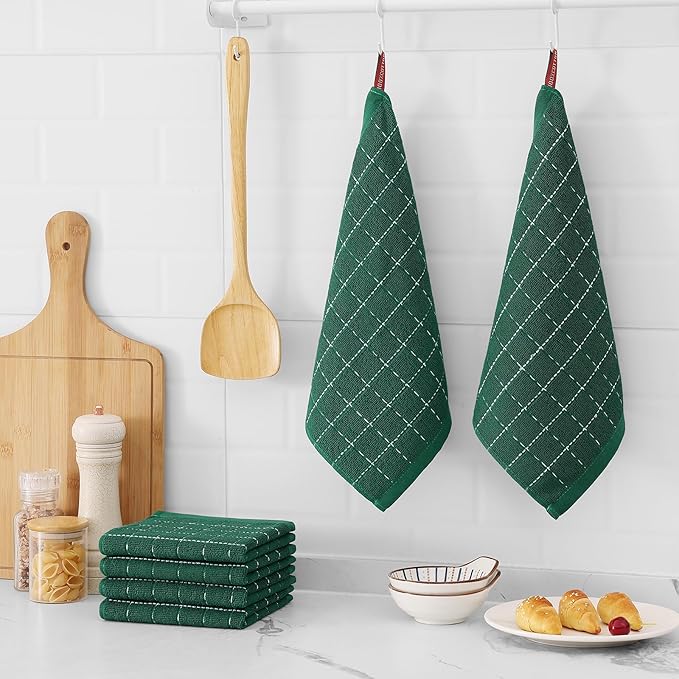 Mordimy 100% Cotton Terry Cloth Dish Cloths, Soft and Absorbent Checkered Dish Towels, Quick Drying Dish Rags for Washing Dishes, 6 Pack, 12 x 12 Inches, Dark Green