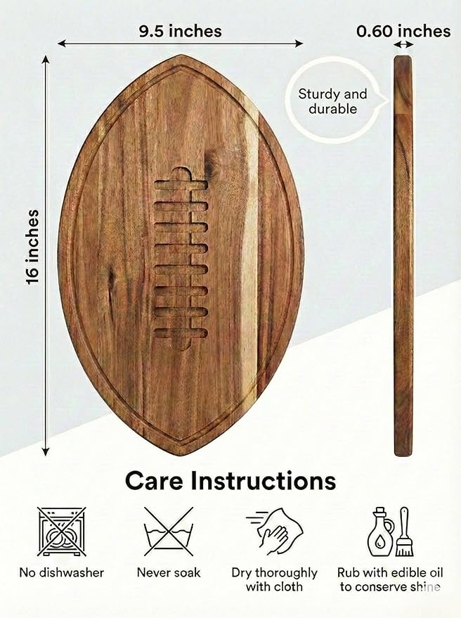 Football Shaped Cutting Board – 16X9.5 INCH – Acacia Wood Charcuterie Tray – Wooden Football Serving Platter for Super Bowl Parties, Tailgate Hosting & Gifts