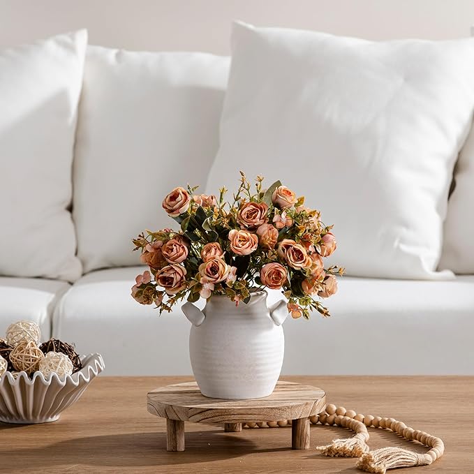 Ceramic Flower Vase Home Decor - Farmhouse Table Vases with Handle Living Room Decoration Vintage Decorative Aesthetic for Shelf Coffee Dining Desk House Bookshelf Fireplace (6" Rustic)