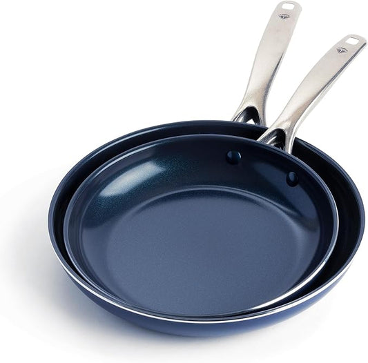 Blue Diamond Nonstick Diamond Infused PFAS-Free Ceramic Pots & Pans, Dishwasher & Oven Safe, Stay Cool Handles, Durable Non Toxic Metal Utensil Safe, Blue, 9.5” & 11" Frying Pan Skillet Set