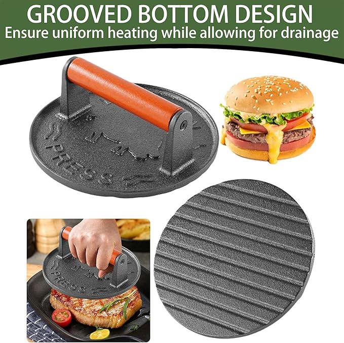 Bacon Press 2.5 lb Heavy Weight Cast Iron Burger Smasher Tool for Griddle,Grill,Skillet,Hamburger,Steak,Patty,BBQ,Sausage,Sandwich Maker,7.2 inch Round