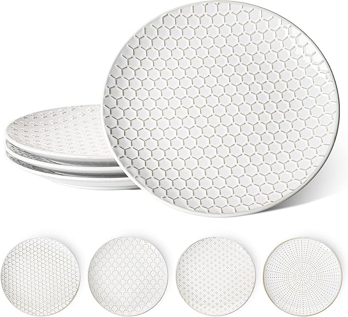 LE TAUCI Ceramic Dinner Plates Set of 4, 10 Inch Embossed Plates for Kitchen, Modern White Serving Dishes for Pasta and Steak, Microwave Oven and Dishwasher Safe - Arctic White