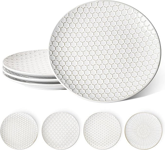 LE TAUCI Ceramic Dinner Plates Set of 4, 10 Inch Embossed Plates for Kitchen, Modern White Serving Dishes for Pasta and Steak, Microwave Oven and Dishwasher Safe - Arctic White