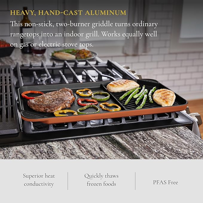 All American 1930 - Ultimate 60/40 Griddle with Ceramic Non-Stick Coating - Tomato Red - Durable & PFAS Free - Indoor Griddle for Easy Prep, Cooking, & Cleaning - Made in the USA