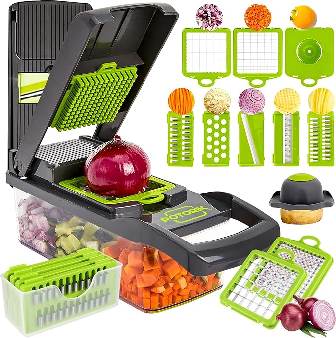 16-in-1 Vegetable Chopper & Mandoline Slicer – Multifunctional Food Chopper with Container, Vegetable Cutter, Dicer & Spiralizer for Onion, Salad & Fruits – Kitchen Gadget Essential