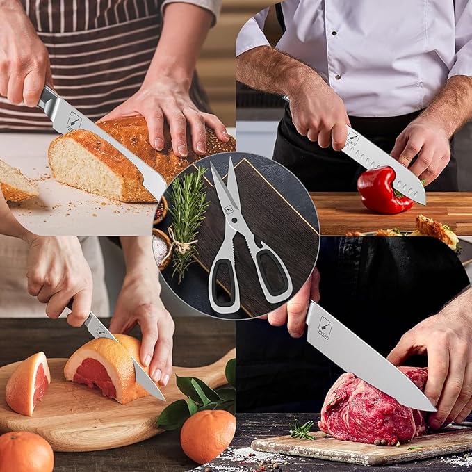 imarku 14-Piece Knife Set with Block, Built-in Sharpener, High Carbon Stainless Steel Kitchen Knives, Dishwasher Safe, Rust Resistant, Non-Slip Handle – Gift for Home Cooks & Chefs, White