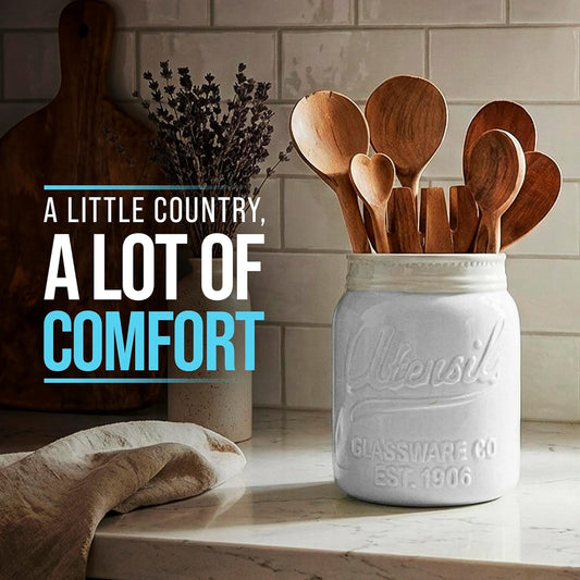 Comfify Wide Mouth Mason Jar Utensil Holder Decorative Kitchenware Organizer Crock - Perfect Cookware Gift - White, Large Size 5.4x6.75