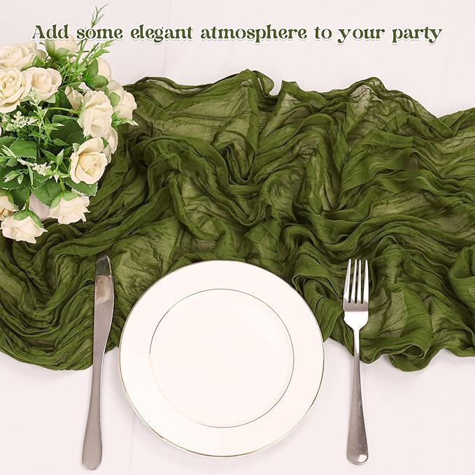 10 Pack Olive Green Cheesecloth Table Runner 6FT Boho Gauze Fabric Table Runner Vintage Rustic Sheer Runners for Wedding Party Bridal Baby Shower Long Table Decorations