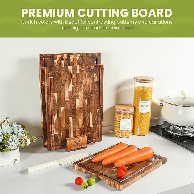 Kitchen Nook Acacia Wood Cutting Board Set - 3 Piece Acacia Cutting Board with Holder, Knife Friendly, Dual Sided, Built-in Handles, & Juice Grooves | 13, 15, & 17 Non Toxic Cutting Boards for Kitchen