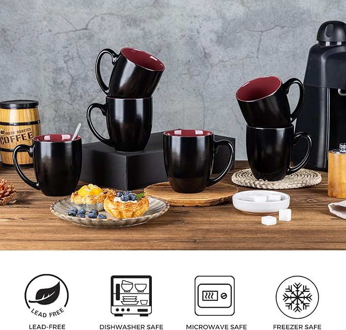 GBhome 16oz Coffee Mugs Set of 6, Large Ceramic Coffee Mugs for Man, Woman, Dad, Mom, Modern Coffee Mugs Set with handle for Tea/Latte/Cappuccino/Milk/Cocoa. Dishwasher&Microwave Safe,Red