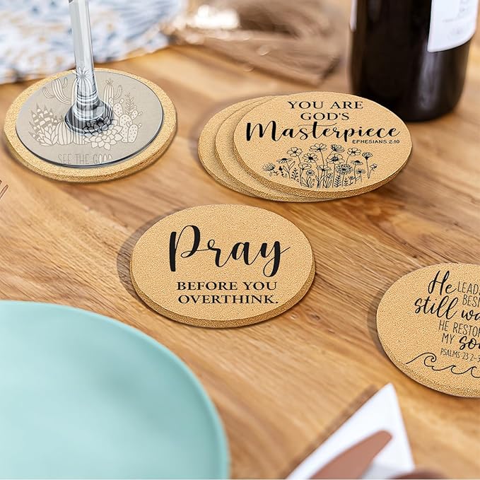 Coasters for Drinks with Holder Set of 6, Inspirational Cork Coaster Absorbent for Office Desk Inspired Table Coasters Kitchen Decor House Warming Gifts for New Home Couples, Round 4"