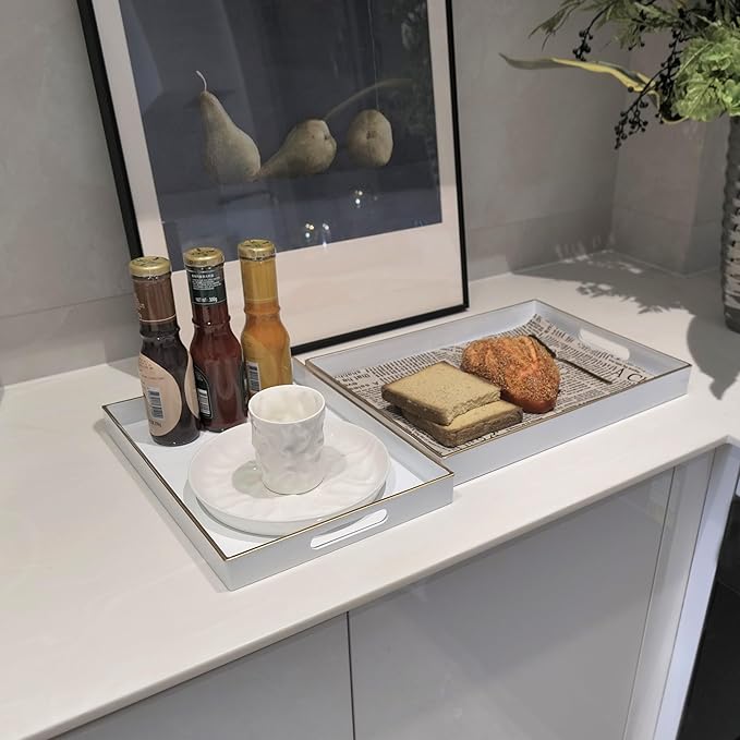 Serving Trays Set of 2, Decorative Plastic Serving Trays with Handles, Party Tray for Food, Coffee Table, Ottoman, Bathroom, and Living Room (White)