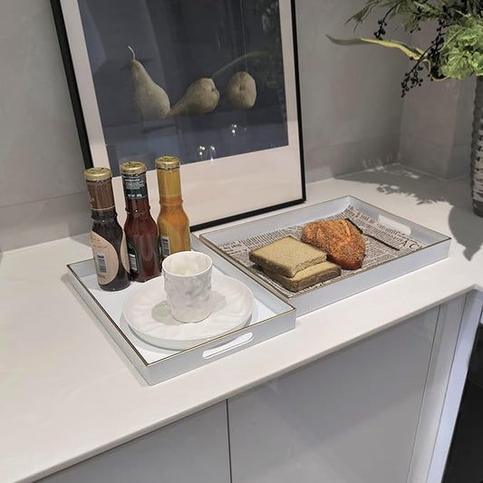 Serving Trays Set of 2, Decorative Plastic Serving Trays with Handles, Party Tray for Food, Coffee Table, Ottoman, Bathroom, and Living Room (White)