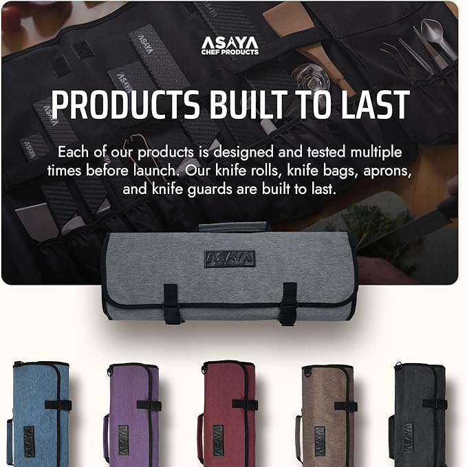 Asaya Chef Knife Roll Bag - 20 Total Pockets for Knives and Kitchen Utensils - Made with Stain Resistant Waxed Nylon - For Chefs and Culinary Students - Knives Not Included(Grey)