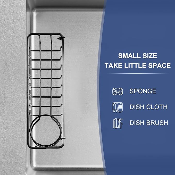 3-In-1 Sponge Holder for Kitchen Sink, 2 Type Suspension Options (Suction Cups & Adhesive Hook), Hanging Sink Organizer Rack - Sponge, Dish Cloth, Brush, Scrubber, 304 Stainless Steel - Black