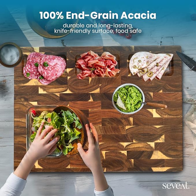 End Grain Cutting Board - Acacia Wood Double-Sided Butcher Block for Kitchen with Juice Groove & 3 Pockets, Durable Wooden Chopping Board, Wood Cutting Boards for Kitchen & Meal Prep (Brown)
