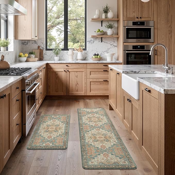 GENIMO Kitchen Mats for Floor 2PCs, Washable Anti Fatigue Mat for Cushioned, 17.3"x59"+17.3"x30", Waterproof Kitchen Rugs, Non Slip Comfort Standing Mat Rug for Home, Laundry, Lake Blue