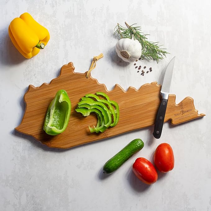 Totally Bamboo Kentucky State Shaped Cutting Board and Charcuterie Serving Platter with Artwork by Summer Stokes, Includes Hang Tie for Wall Display