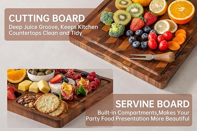 THETCHRY Walnut Wood Cutting Boards for Kitchen, Large Chopping Board Double Sided, End Grain Cutting Board with Handle, Charcuterie Butcher Block for Meal Prep & Serving with Gift Box, 17"×13"×1"