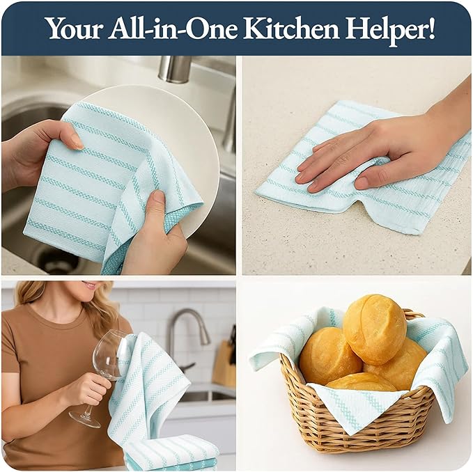 LANE LINEN Kitchen Towels Set - Pack of 4 Cotton Dish Towels for Drying Dishes, 18”x 28”, Kitchen Hand Towels, Absorbent Tea, Dish Towels, Quick Drying Towel Set - Aqua