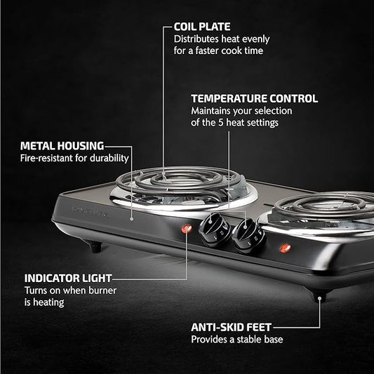 OVENTE Electric Countertop Double Burner, 1700W Cooktop with 6" and 5.75" Stainless Steel Coil Hot Plates, 5 Level Temperature Control, Indicator Lights and Easy to Clean Cooking Stove, Black BGC102B