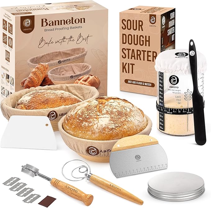 Sourdough Bread Baking Supplies and Starter Kit - Ultimate Bread Making and Sourdough Starter Kit with Proofing Baskets, 34oz Sourdough Jar, Bread Lame, Scrapers and Danish Whisk