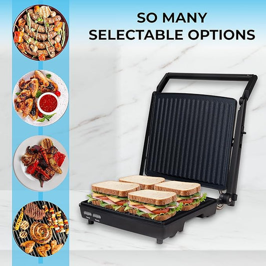 Courant Panini Press Gourmet Sandwich Maker, Super Slim Design with Foldable Handle, 4 Servings Grill with Non-Stick Plates, Opens 180° for Table Grill, Stainless Steel 1400 Watts