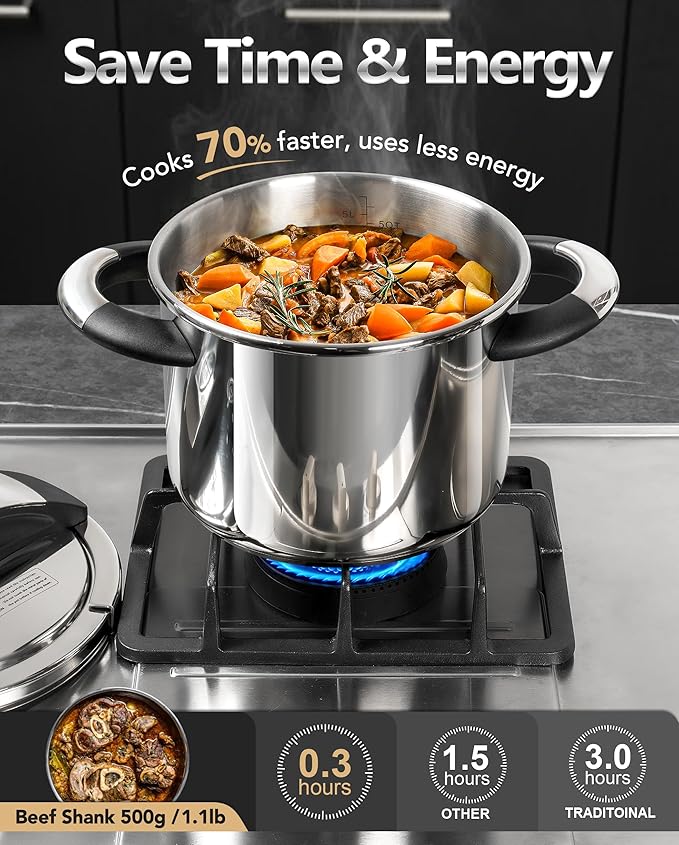 MICHELANGELO Stainless Steel Pressure Cooker 6.3 Quart, 3-in-1 Olla de Presion, One-Hand Locking System, Induction Compatible, with Glass Lid & Steamer