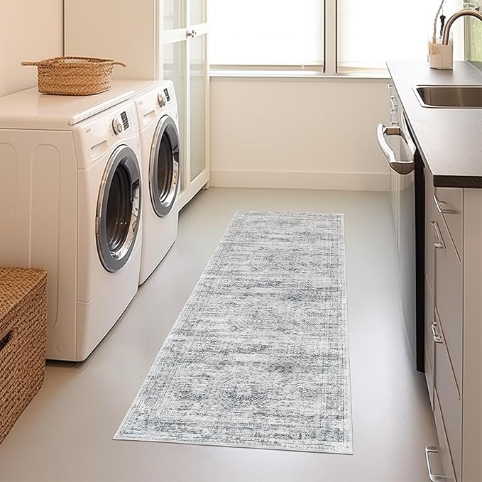 Kitchen Runner Rugs Non Skid Washable - 2.5 x 10 Runner Rug with Anti Slip Backing, Ultra-Thin Soft Rug Runner for Hallway, Bedroom, Living Room (2'x10', Grey/Ivory)