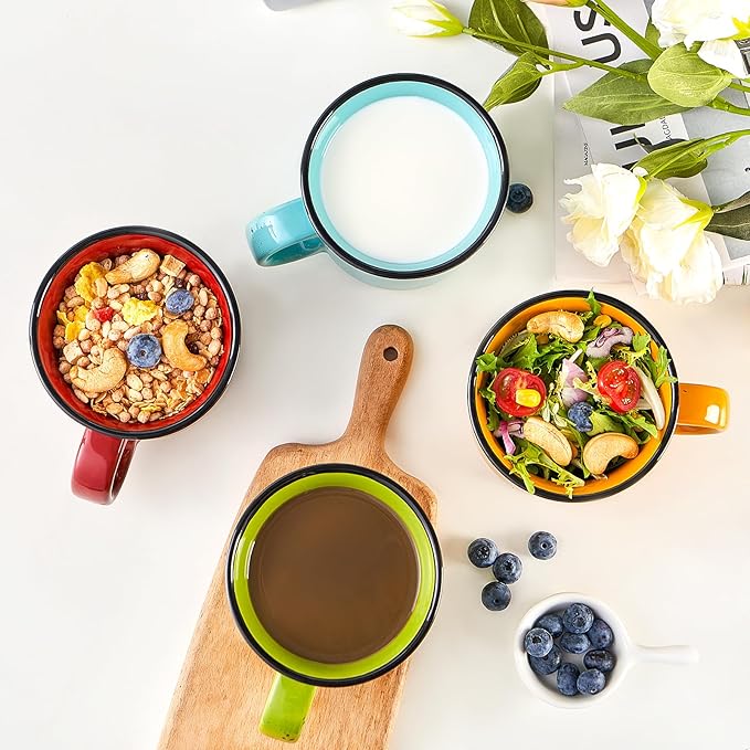 bestone Coffee Mugs Set of 4，16 oz Large Ceramic with Handles,Coffee,Salad,Noodles etc Cups for Cereal Latte,Vibrant Colors (Vibrant 6, 16-oz)