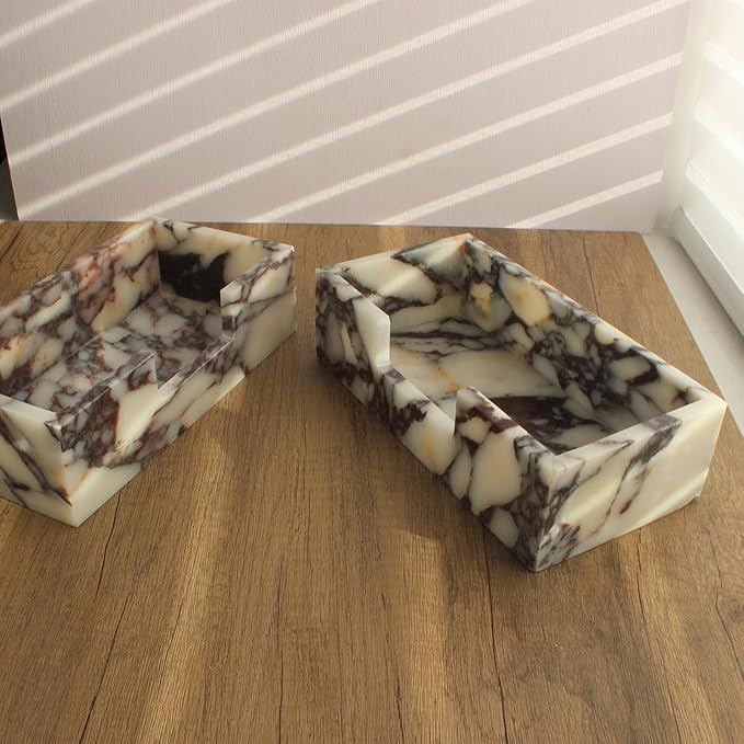 Natural Calacatta Viola Marble Napkin Holder 9.8"x4.9"x2.8", Guest Towel Holder, Paper Hand Basket for Bathroom/Kitchen/Restaurant