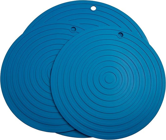 Silicone Trivets for Pots and Pans, Heat Resistant Pot Holders, Flexible Hot Pads for Kitchen Table, Non Slip Mats, Dia11.81 and 9.45 Inches Big Round Microwave Mats Pack 3 Navy Blue