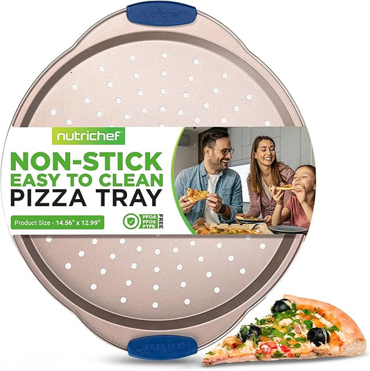 NutriChef 13-Inch Non-Stick Pizza Tray - with Silicone Handle, Round Steel Non-stick Pan with Perforated Holes, Premium Bakeware, Pizza Tray with Extended Handles, Dishwasher Safe - Champagne Gold