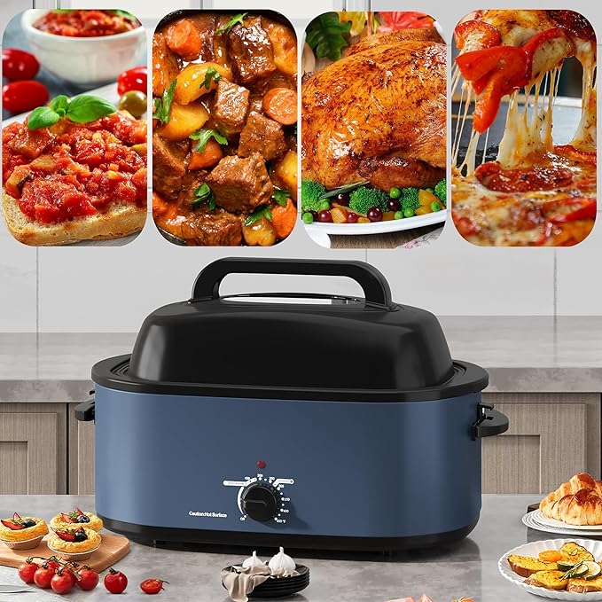 SUNVIVIPRO Roaster Oven 28 Quart, Electric Turkey Roaster with Self-Basting Lid, Removable Pan & Rack, Variable Temp Control, Stainless Steel, Blue