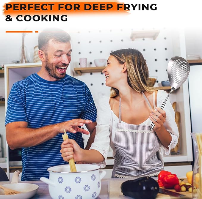 MARTE Skimmer Slotted Spoon,304 Stainless Steel Pasta Spider Strainer Ladle for Frying and Cooking, Set of 2 Colanders & Food Strainers，Kitchen Utensils Spaghetti Spoon with Heat-Resistant Handle