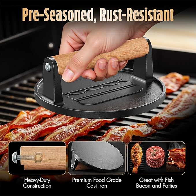 Pisol Smash Burger Press, Pre-Seasoned Cast Iron Hamburger Smasher, 2 lb Heavy-Duty Grill Bacon Meat Press Tool with Wood Handle, 6.6”