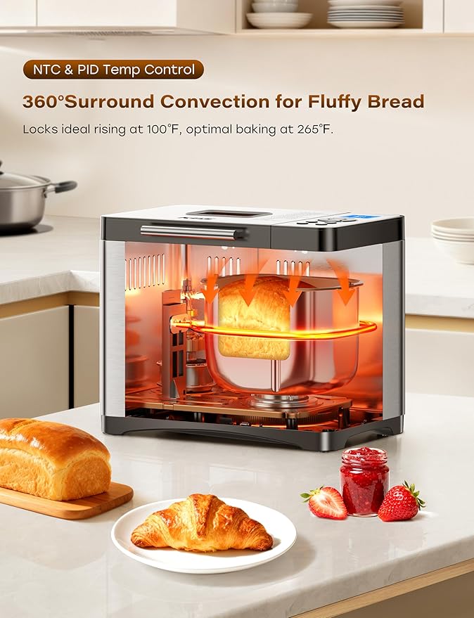 KBS 2LB 19-in-1 Programmable Bread Maker, Stainless Steel Bread Machine with Nonstick Ceramic Pan,650W Bread Maker Machine with 15H Timer&1H Keep Warm,Sourdough,Gluten Free,3 Colors,53 Recipes,Silver