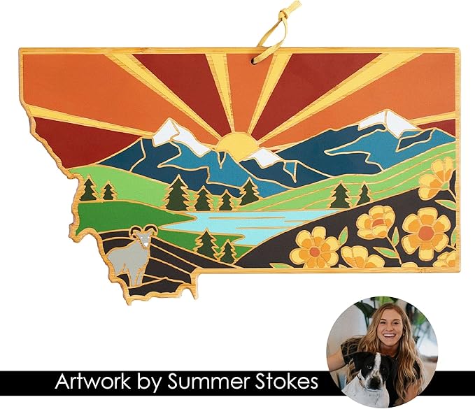 Totally Bamboo Montana State Shaped Cutting Board and Charcuterie Serving Platter with Artwork by Summer Stokes, Includes Hang Tie for Wall Display Varies