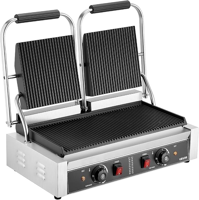 VEVOR Commercial Panini Grill, 3600W Electric Sandwich Panini Maker, Stainless Steel Double Sandwichs Press with Handle and Temp Control, 19x9 in Full Grooved Enamel Plate, for Hamburger Steak Bacon