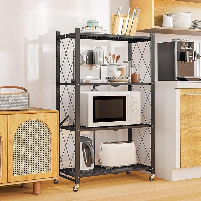 4-Tier Folding Metal Storage Rack - 50" Heavy-Duty Steel Frame with Wheels, No Assembly Utility Organizer, Rolling Shelving Unit for Kitchen, Garage, Pantry, Bedroom (Black, 4 Tier)