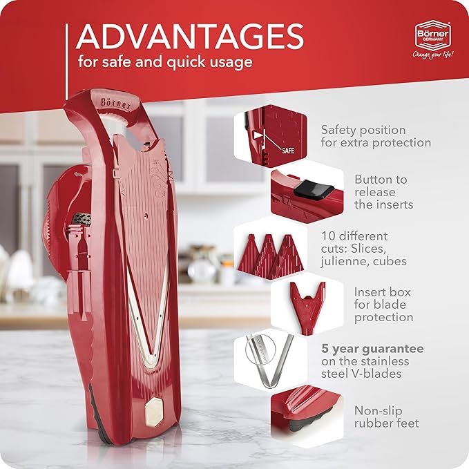 Mandoline Food Slicer Börner V5 (Starter Set) by Reston Lloyd • V-Slicer with Food Holder • Made in Germany • Fruit & Vegetable Chopper • Multiple Settings • Color: Red